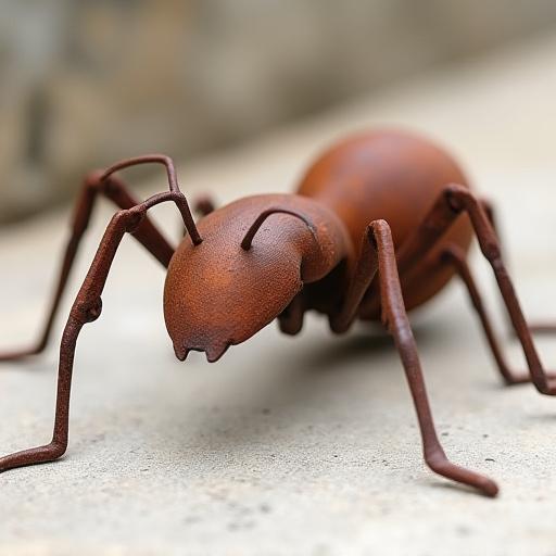 Scultura stilizzata di una formica in acciaio Corten con finitura arrugginita.