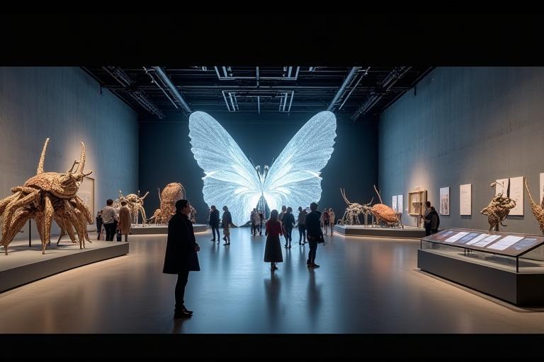 Panoramica di un allestimento per una mostra a tema metamorfosi in un museo.