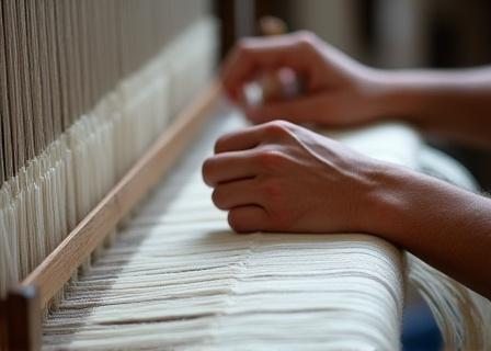 手織り機で作業中の様子